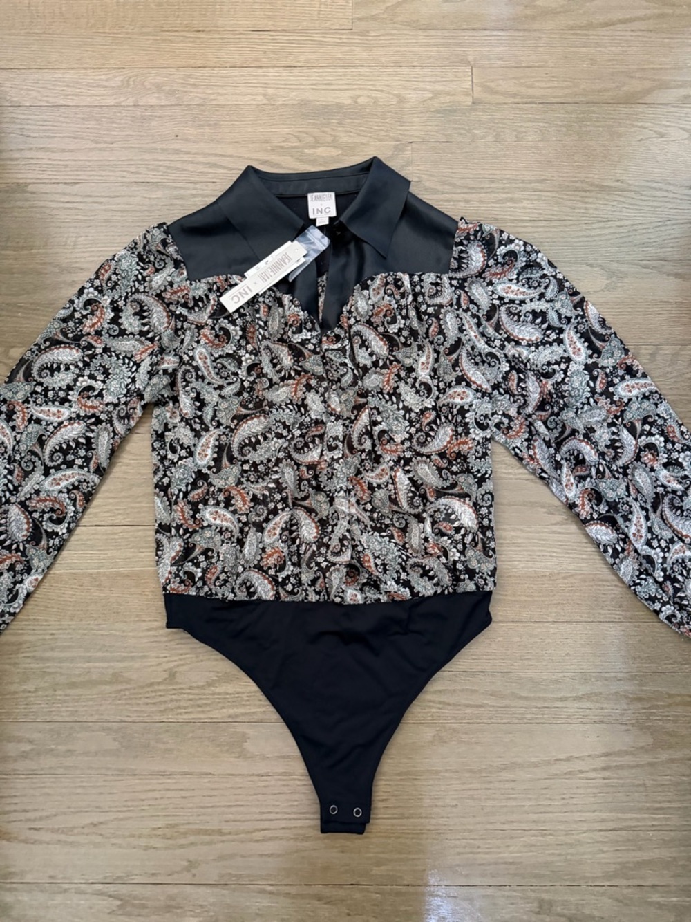 NWT Jeannie Mai x INC Long Sleeve Paisley Print Faux Leather Collar Bodysuit